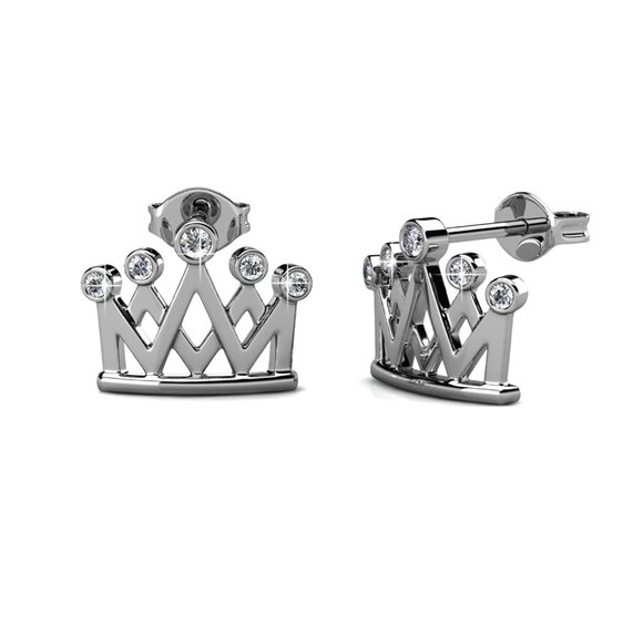 Silver Princess Crown Stud‎ Earrings With Australian Crystals - Picture 4 of 5